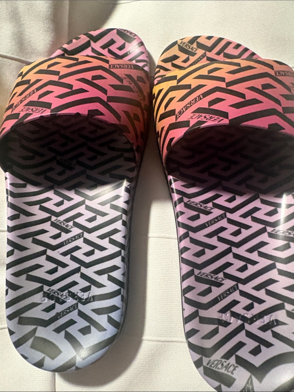 Versace Pink to Orange Gradient Logo Slide Sandals
